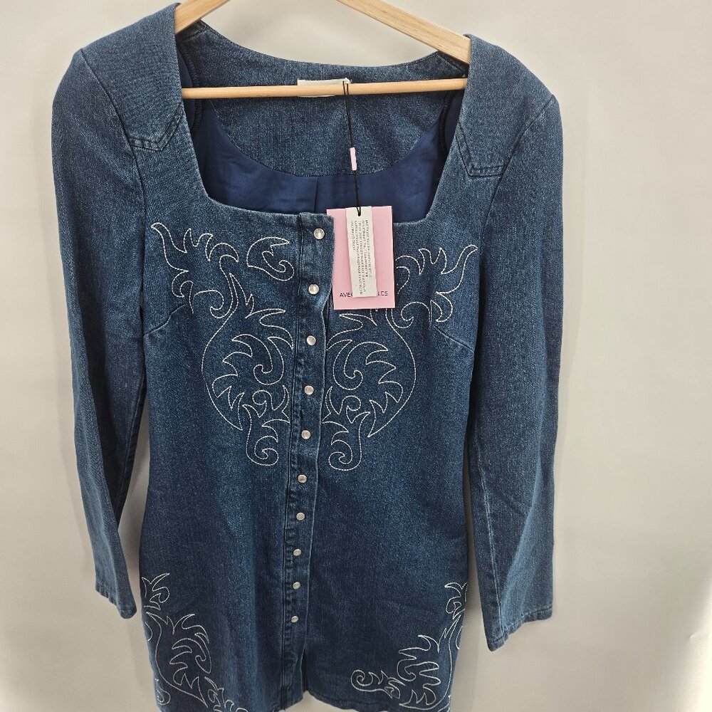 Avec Les Filles Blue Denim Embroidered Western Long Sleeved Dress Size 4